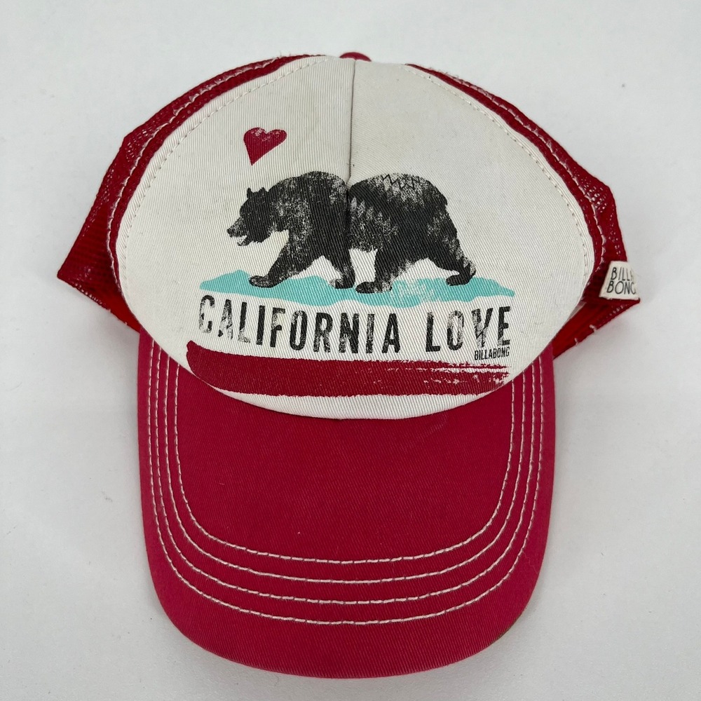 Billabong California Love Red Mesh‎ Snapback Trucker Hat Bear Heart